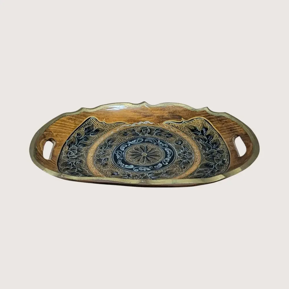 Vintage Artisan Hand-Painted Wooden Serving Tray